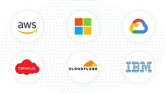 Partner logos: AWS, Microsoft, Google Cloud, Oracle, Cloudflare and IBM